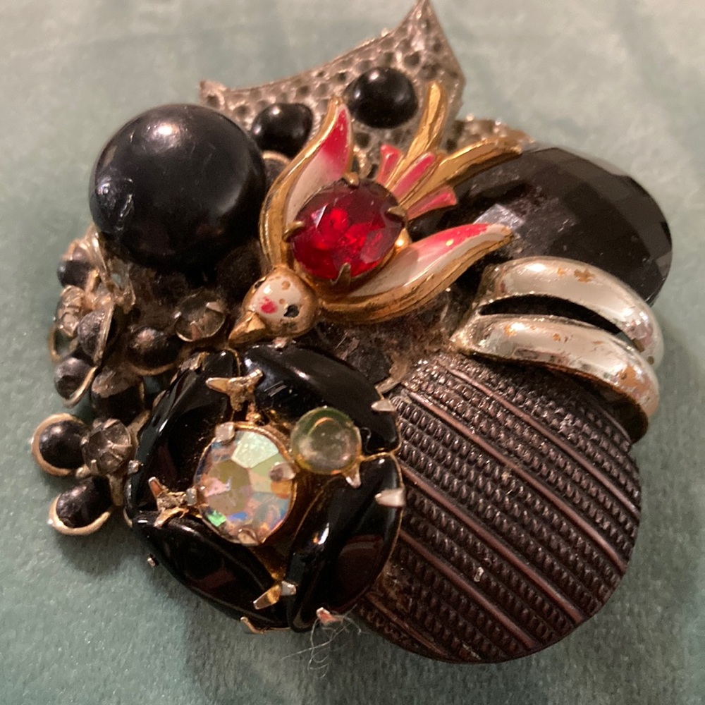 Vintage hand crafted Black and silver Mixed-Jewel Brooch with Red Accent